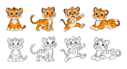 Coloring page for kids cute baby tiger cub. A set of vector illustrations of a tiger in different poses.