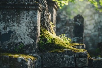 Obraz premium Ruined stone structure entwined with an old tree and covered in moss illuminated by soft sunlight, Ruined Stone Structure Next To An Old Tree Covered With Moss Parallax Shot