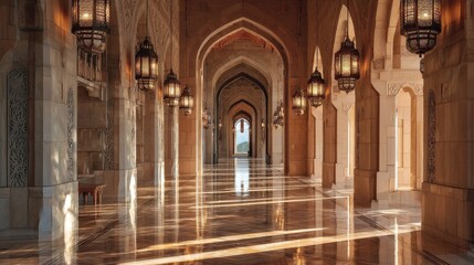 Grand Mosque Interior with Ornate Arches and Sunlight