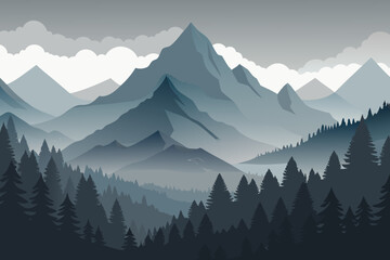 Fototapeta premium Majestic Mountain Landscape with Pine Forest in Misty Blue Tones – Vector Nature Illustration