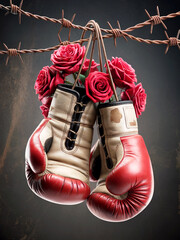 Boxing gloves adorned with roses hang from barbed wire