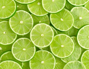 みずみずしいライムの輪切り　グリーンの背景素材
