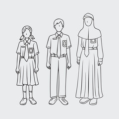 Indonesian Students in School Uniforms. Thin Line Art.