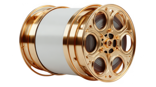 Golden film reel with white center close up view for mockup isolated on transparent background