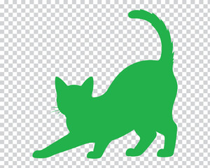Fototapeta premium Green cat stretching on transparent background silhouette