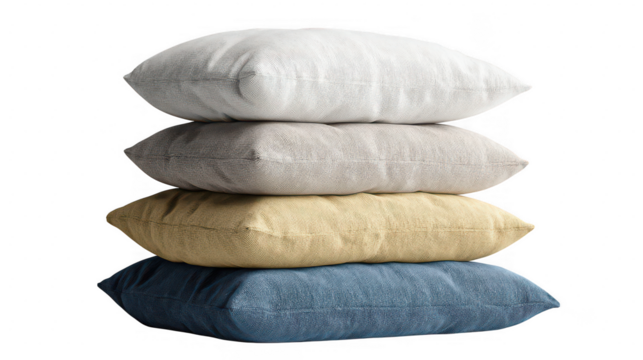 Stacked pillows in various colors and textures for mockup isolated on transparent background