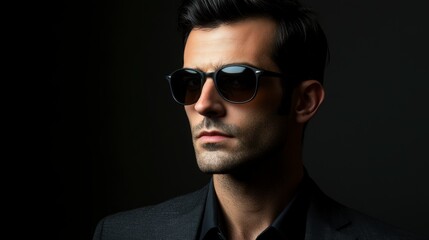 Fototapeta premium Portrait of a handsome man in sunglasses, wearing a suit against a dark background.