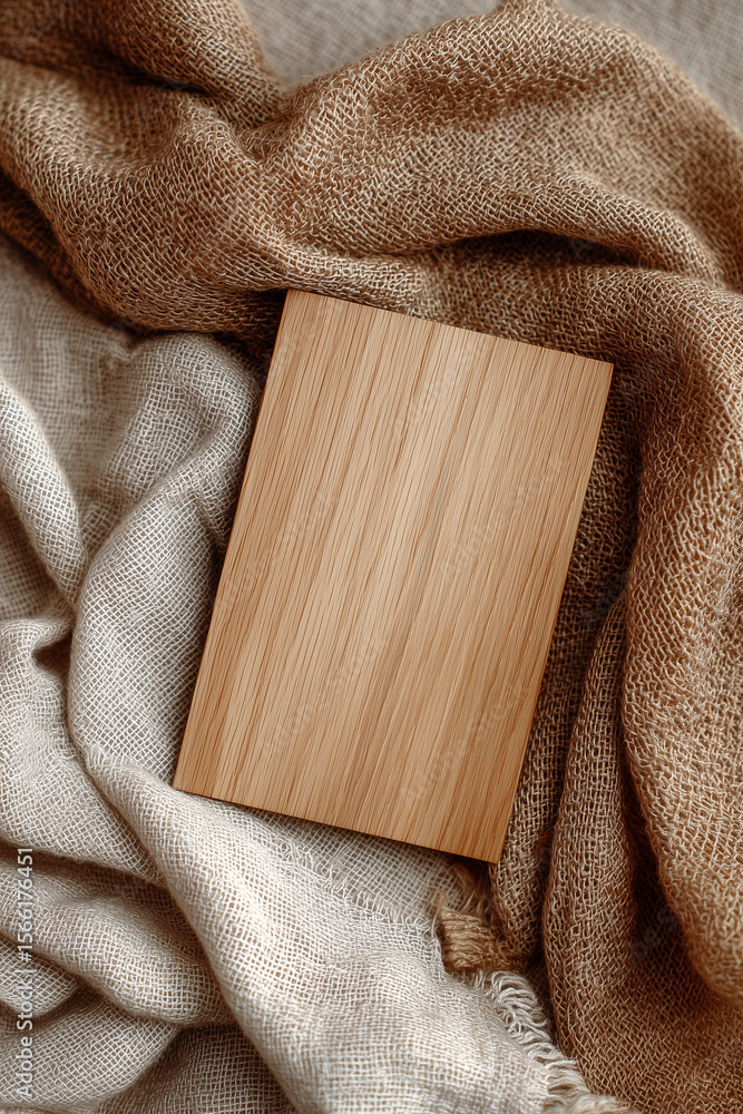 Poster Wooden plank resting on draped fabrics in neutral tones creating a textured background image for design