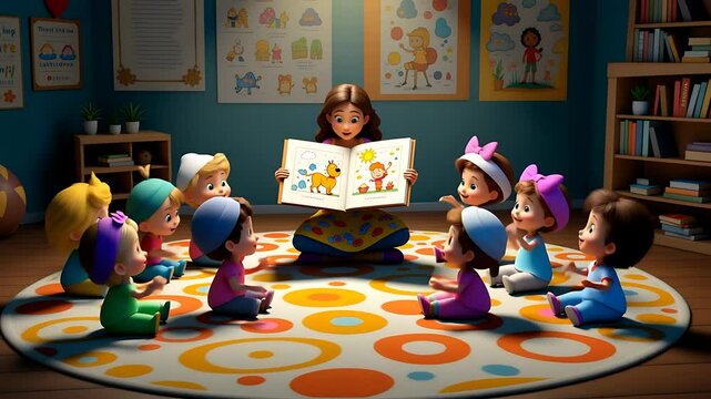 Teacher Reading Storybook to Diverse Group of Children in Classroom