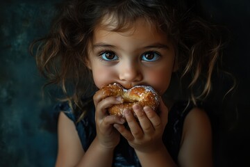Naklejka premium Little girl excitedly enjoying a sweet treat with a joyful expression on her face, Child little girl portrait greedily eating sweet donuts stuffing her mouth full