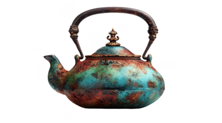 Ornate, rustic teapot with vibrant teal, copper, and rust-colored patina