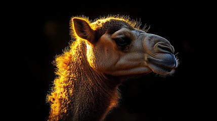Close-up portrait of a camel illuminated against a dark background, showcasing its features and texture