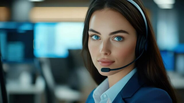 Young woman with headset and blue eyes in professional business suit working in modern office environment, focused on communication and customer service technology at call center