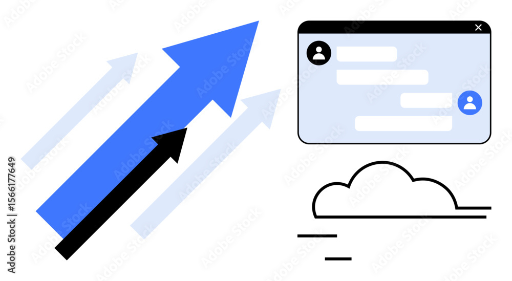 Poster blue and black arrows pointing upward, chat window with user profiles and conversation bubbles, clou