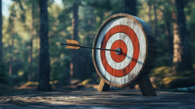Wooden archery target with arrow in bullseye in forest outdoor nature setting with sunlight and trees symbolizing precision and focus arrow hitting target on wooden stand in natural environment