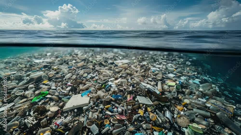 Poster Photo of a large amount of trash floating in the ocean, highlighting pollution issue