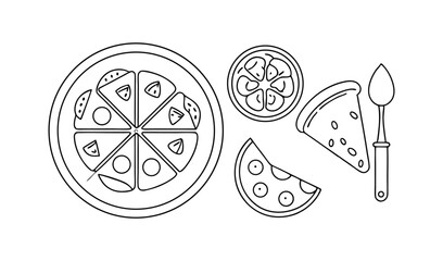 Simple outline drawing of a whole pizza sliced with toppings and a spoon