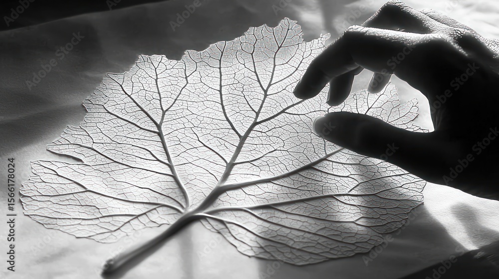Poster intricate veins of a leaf displayed in grayscale.