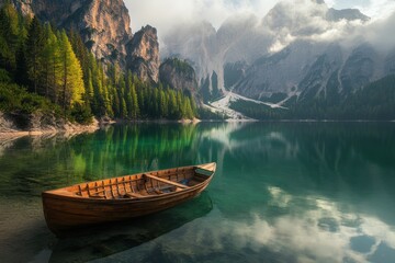Obraz premium Stunning morning at Lago di Braies with a wooden boat surrounded by the Dolomites in Italy, Lake Lago di Braies in Dolomites, Italy Alps