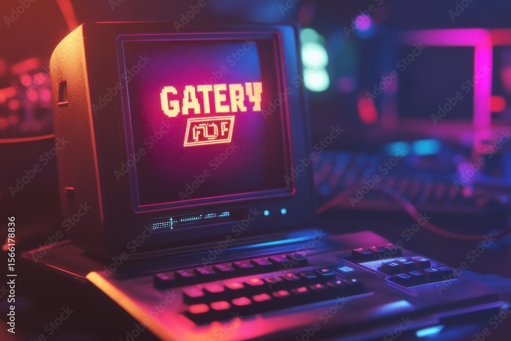 Poster retro computer displays game over message amidst vibrant neon lighting in an old school gaming setup