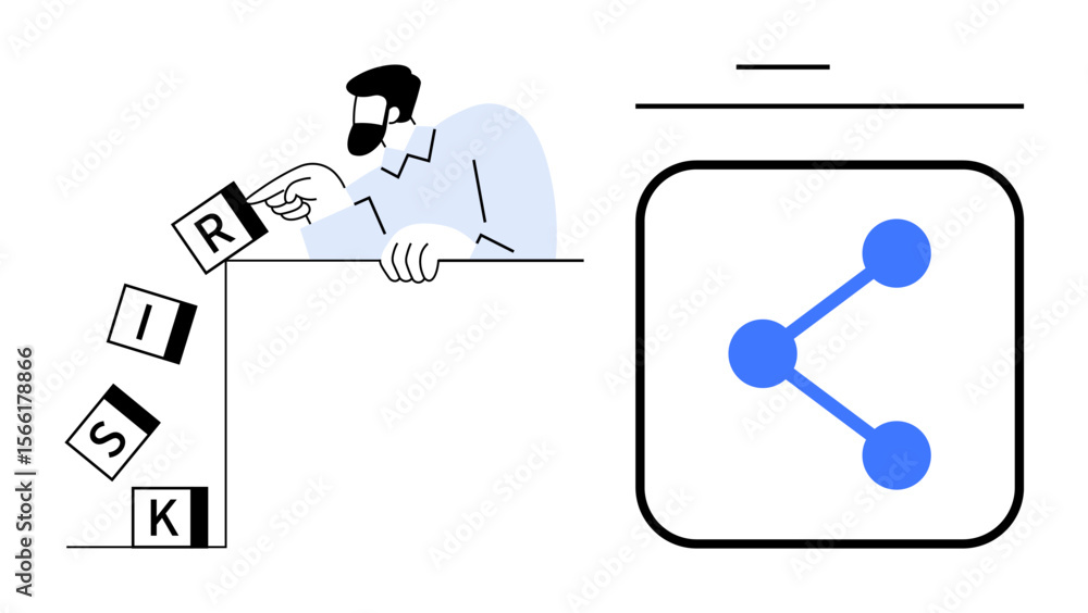Poster man stopping falling blocks with risk letters, symbolizing risk management alongside connected dots 