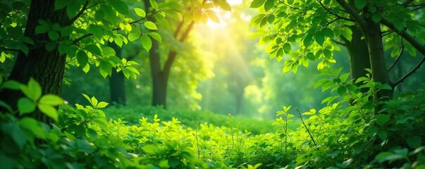 Fototapeta premium Lush green foliage, vibrant leaves, sunlight dappling through the canopy, creating a serene and peaceful natural scene Perfect for nature, ecology, and environmental themes , fresh, biodiversity