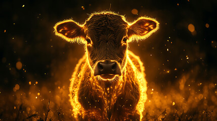 A glowing calf stands in a field at dusk, surrounded by shimmering particles of light