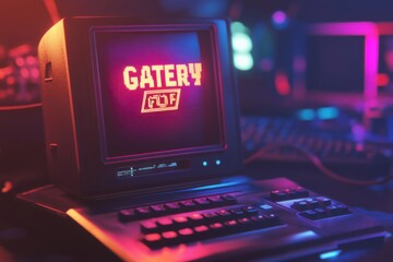 Retro computer displays game over message amidst vibrant neon lighting in an old school gaming setup, Game over message on screen of retro computer 3D render