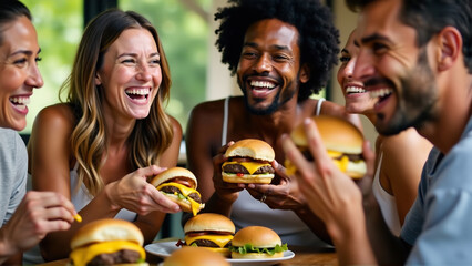 A group of friends enjoying cheeseburgers together, capturing a moment of shared enjoyment and social connection.