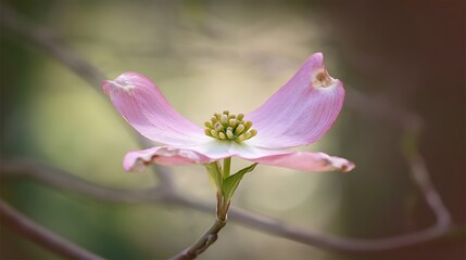 Fototapeta premium Pink dogwood blossom exhibits delicate beauty with its slightly damaged petals in early spring