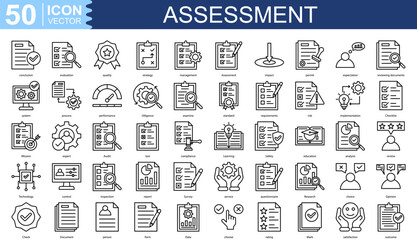 Assessment icon collection set. Containing conclusion, evaluation, quality, strategy, management icon