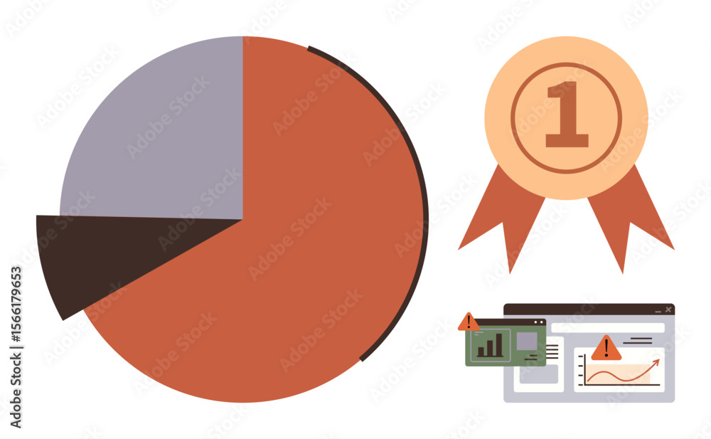 Poster pie chart in three segments, number 1 ribbon, and browser tabs with warning icons. ideal for statist