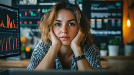 Young adult woman focused on stock market analysis with financial charts and data displayed on multiple computer screens in modern office using advanced technology for business insights - Powered by Adobe