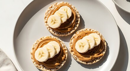 Three rice cakes topped with peanut butter and banana slices on a gray plate under bright light.