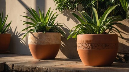 Obraz premium Elegant terracotta planters with greenery in sunlit garden setting