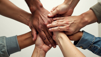 A close-up of diverse hands reaching out to help each other, symbolizing global unity and humanitarian action.