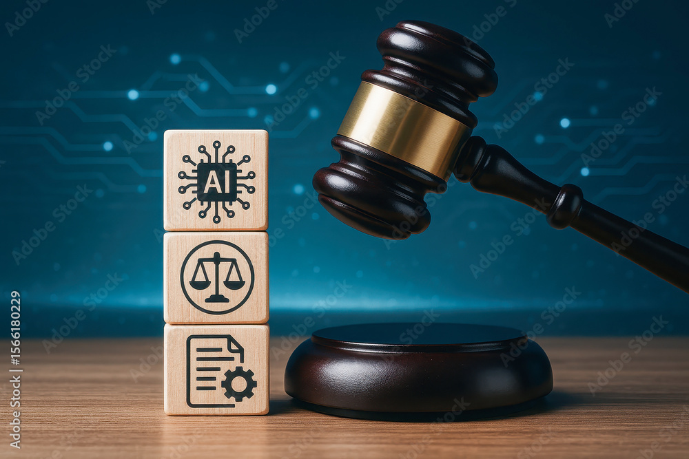 Poster artificial intelligence law concept with wooden blocks showing ai, justice scale, and document icons