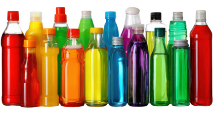 Row of colorful plastic and glass bottles