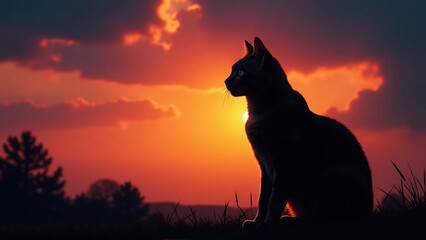 A silhouette of a cat against a colorful sunset or a dramatic sky, creating a visually striking image.