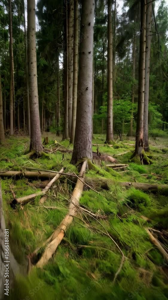 Aufkleber sunlight filters through a forest of tall trees with moss and fallen branches covering the forest fl