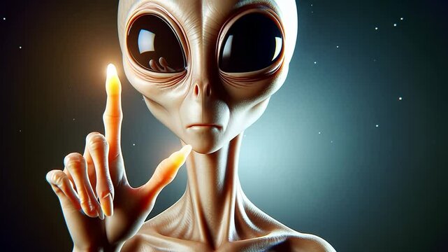 A humanoid alien with large black eyes and a slender body gestures with one finger raised. The background is dark with scattered stars, creating a mysterious atmosphere.