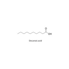 Decanoic acid skeletal structure. Carboxylic acid compound schematic illustration. Simple diagram, chemical formula.