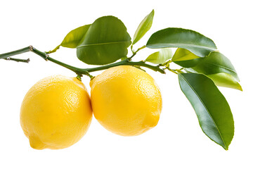 Two bright yellow lemons with green leaves on a branch against a white background