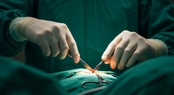 Surgical Precision: Hands Performing Incision with Scalpels During Operation