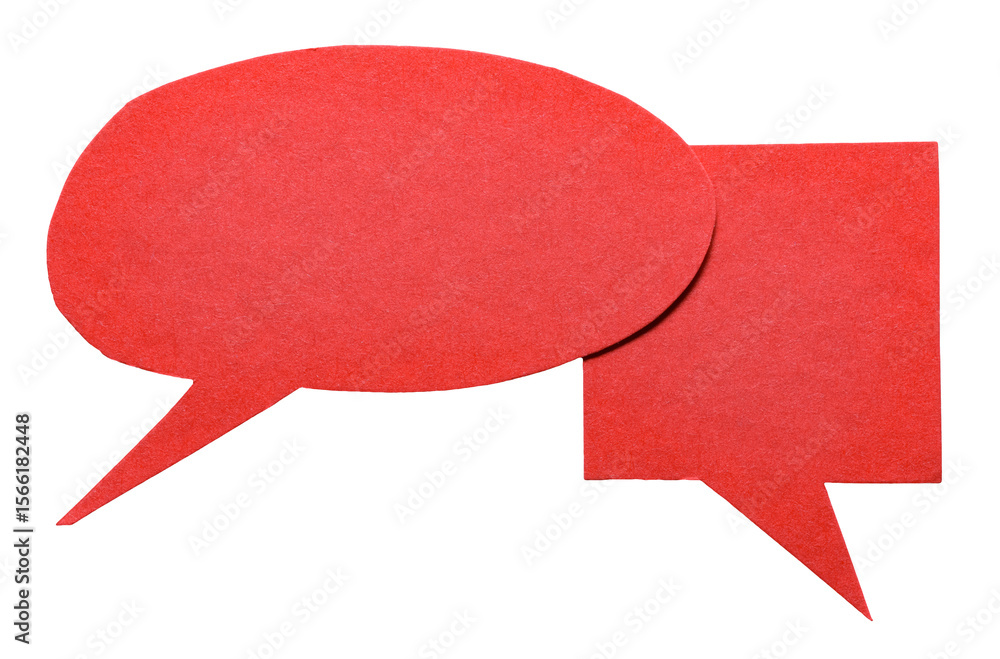 Fototapete red blank cut out cardboard paper speech bubbles with rough edges and copy space for text on transpa