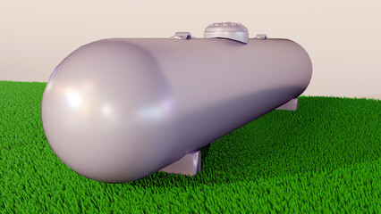 A 3d rendering of large, horizontally oriented propane tank, designed for industrial or commercial use rather than typical residential grilling.