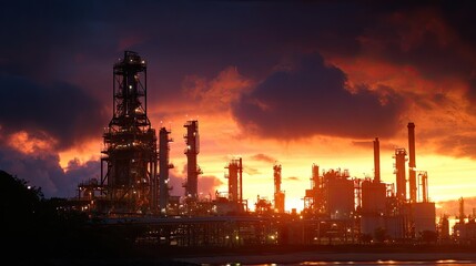 Fototapeta premium Industrial Refinery Silhouette at Sunset