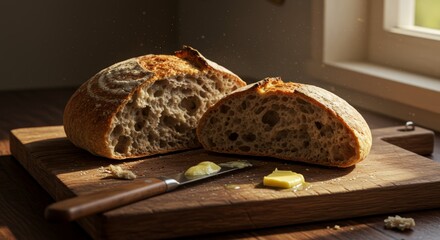 Crusty Artisan Bread with Butter - Rustic Bakery Scene
