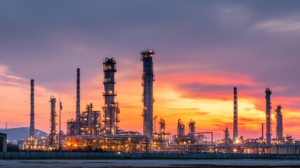 Obraz premium Industrial Refinery Silhouette at Sunset