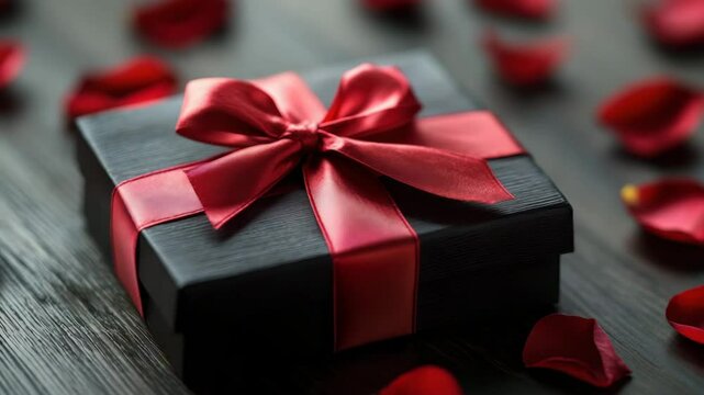 Black gift box with red satin ribbon bow wooden surface surrounded by scattered red rose petals creating romantic and elegant atmosphere with beautiful gift box and delicate satin ribbon bow wooden